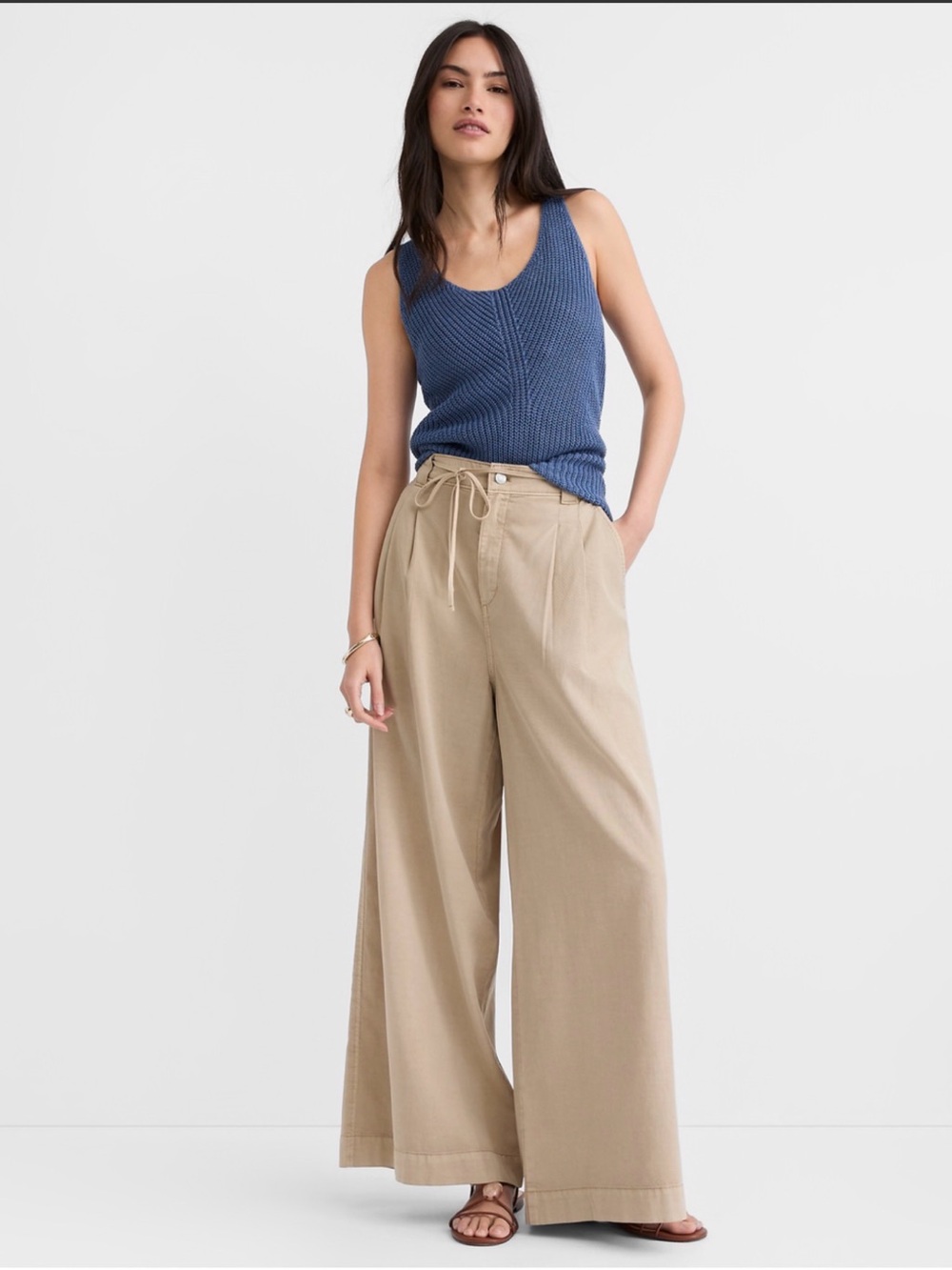 LOFT Beige High Waisted Drawstring Palazzo Pants